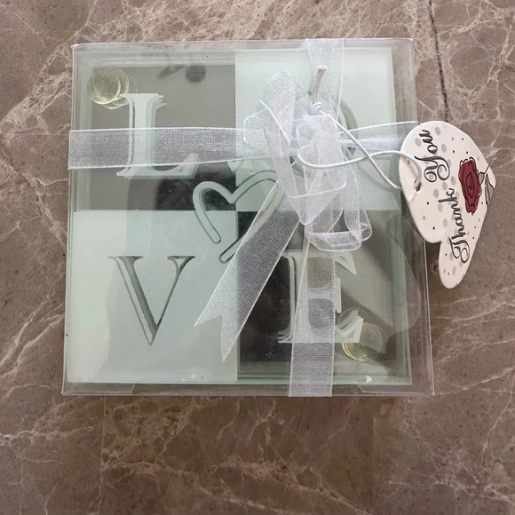 Glass LOVE Coaster Set Wedding Bridal Shower Anniversary Home Décor Pack of 4 - Picture 2 of 4